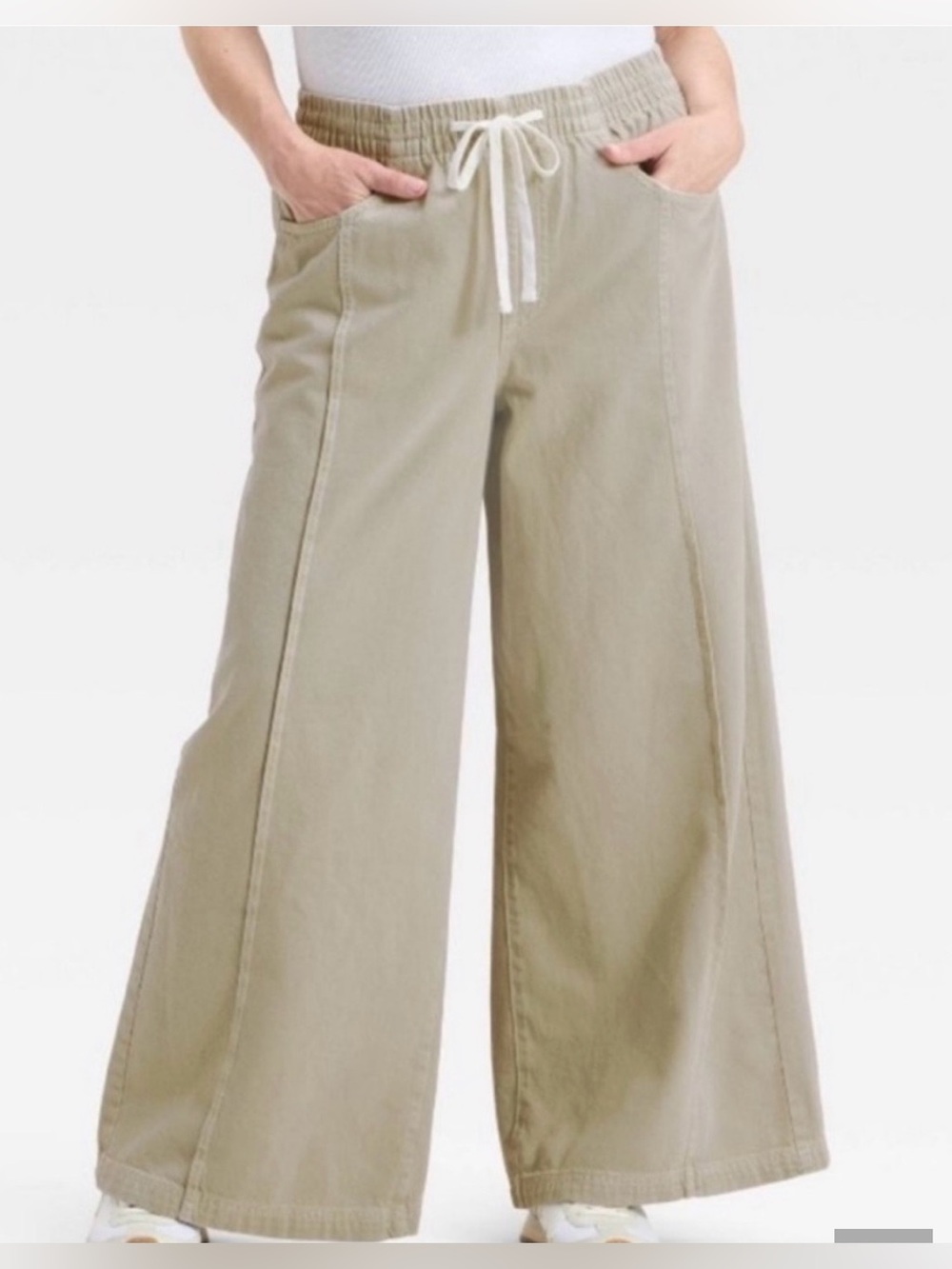 Wide Leg Drawstring Pants — Khaki Green